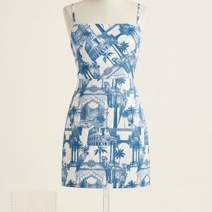White & Blue Tropical Toile Print Mini Dres